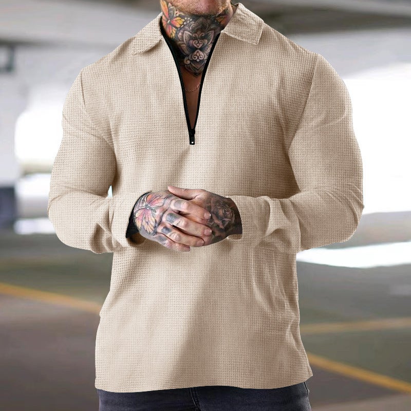 2025 Cross-Border Autum Men''s Long-Sleeved T-Shirt Heavy Waffle Thin Lapel Polo Shirt Polo Suit - Image 1