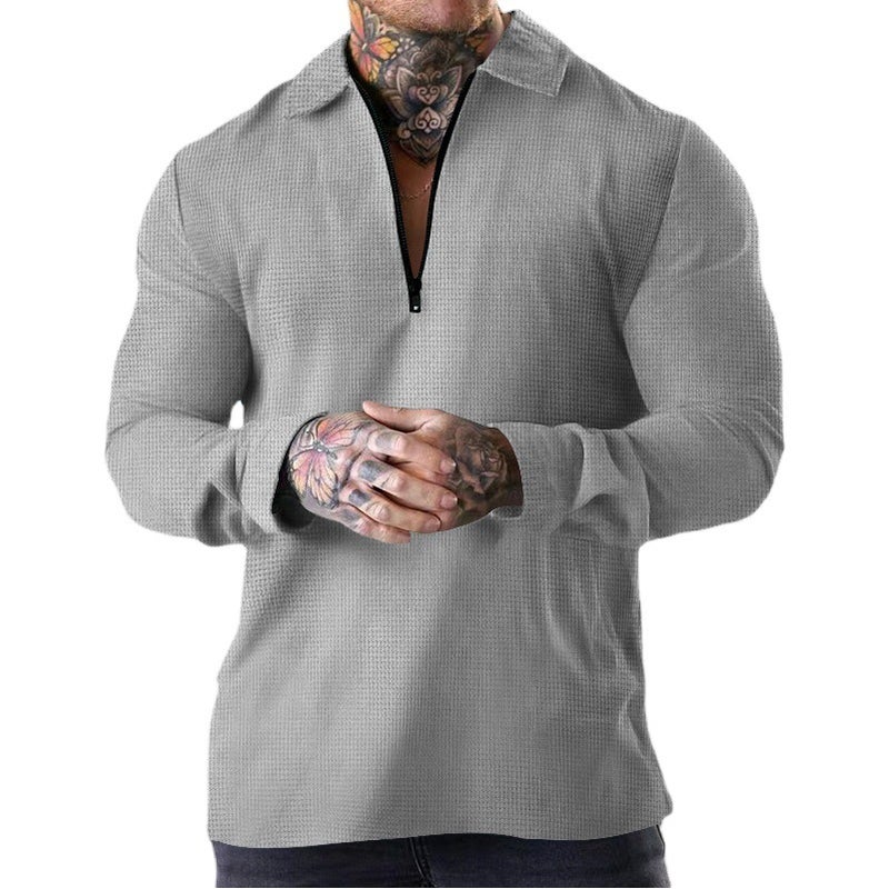 2025 Cross-Border Autum Men''s Long-Sleeved T-Shirt Heavy Waffle Thin Lapel Polo Shirt Polo Suit - Image 2