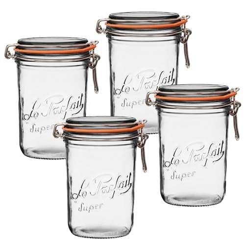 Le Parfait Super Terrine Jar  32ozQuart Pack of 4 1L French Glass Jar Airtight Rubber Seal  Glass Lid  Glass Jars for Kitchen Organization and Storage Containers for Kitchen Essentials
