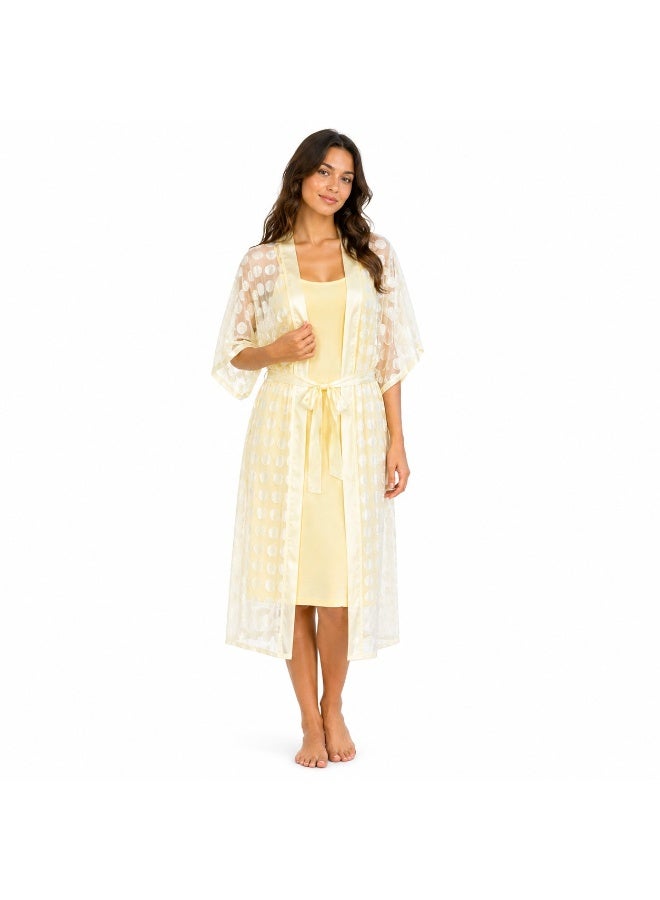 ZECOTEX Premium 2-Piece Sleepwear Set: Cotton Midi Nightgown & Printed Chiffon Kimono Robe with Belt - Pastel Yellow - Image 1
