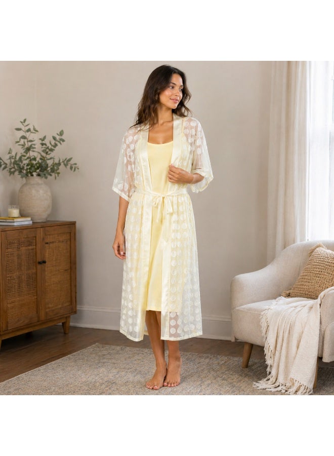 ZECOTEX Premium 2-Piece Sleepwear Set: Cotton Midi Nightgown & Printed Chiffon Kimono Robe with Belt - Pastel Yellow - Image 2