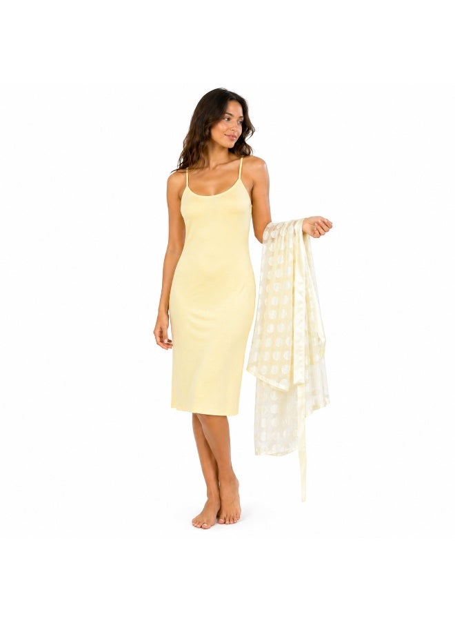 ZECOTEX Premium 2-Piece Sleepwear Set: Cotton Midi Nightgown & Printed Chiffon Kimono Robe with Belt - Pastel Yellow - Image 3
