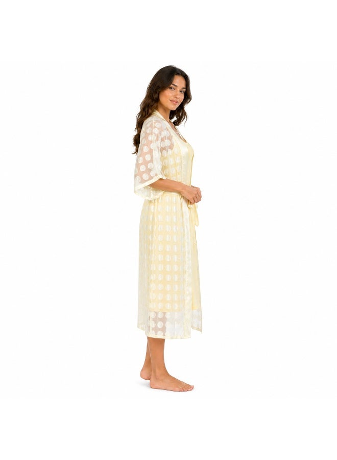 ZECOTEX Premium 2-Piece Sleepwear Set: Cotton Midi Nightgown & Printed Chiffon Kimono Robe with Belt - Pastel Yellow - Image 4