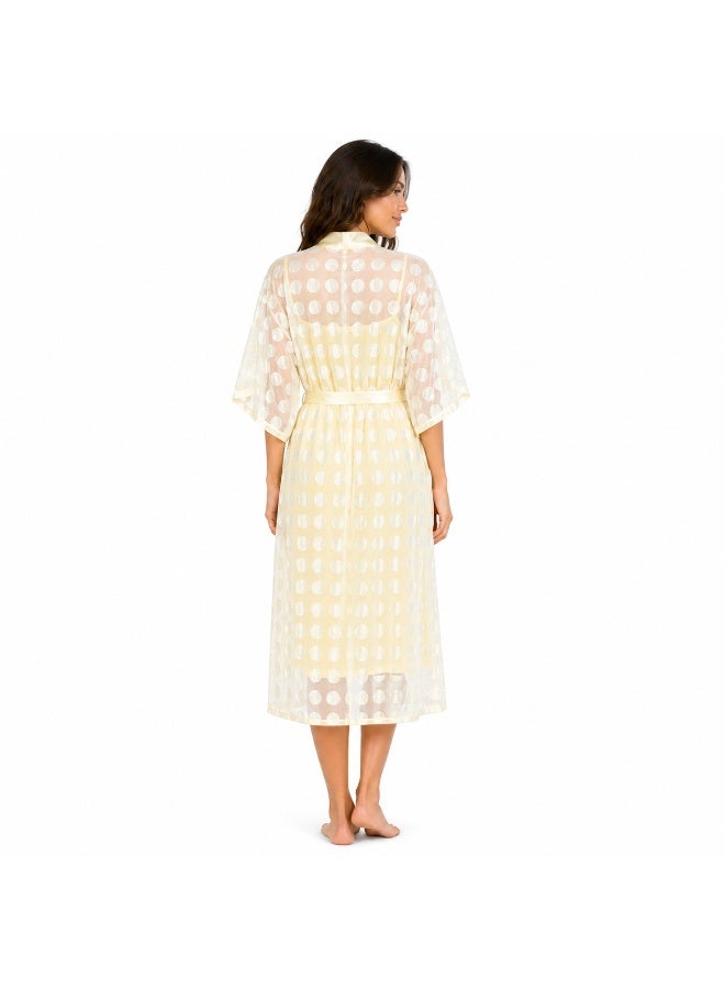 ZECOTEX Premium 2-Piece Sleepwear Set: Cotton Midi Nightgown & Printed Chiffon Kimono Robe with Belt - Pastel Yellow - Image 5