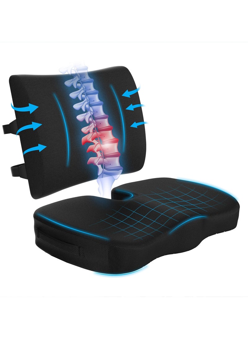 XICEN Seat Cushion & Lumbar Support Pillow Set - Memory Foam Car Seat Cushions with Mesh Covers -  Back Support Pillows - for Office Chair, Car, Plane, Travel - Image 1