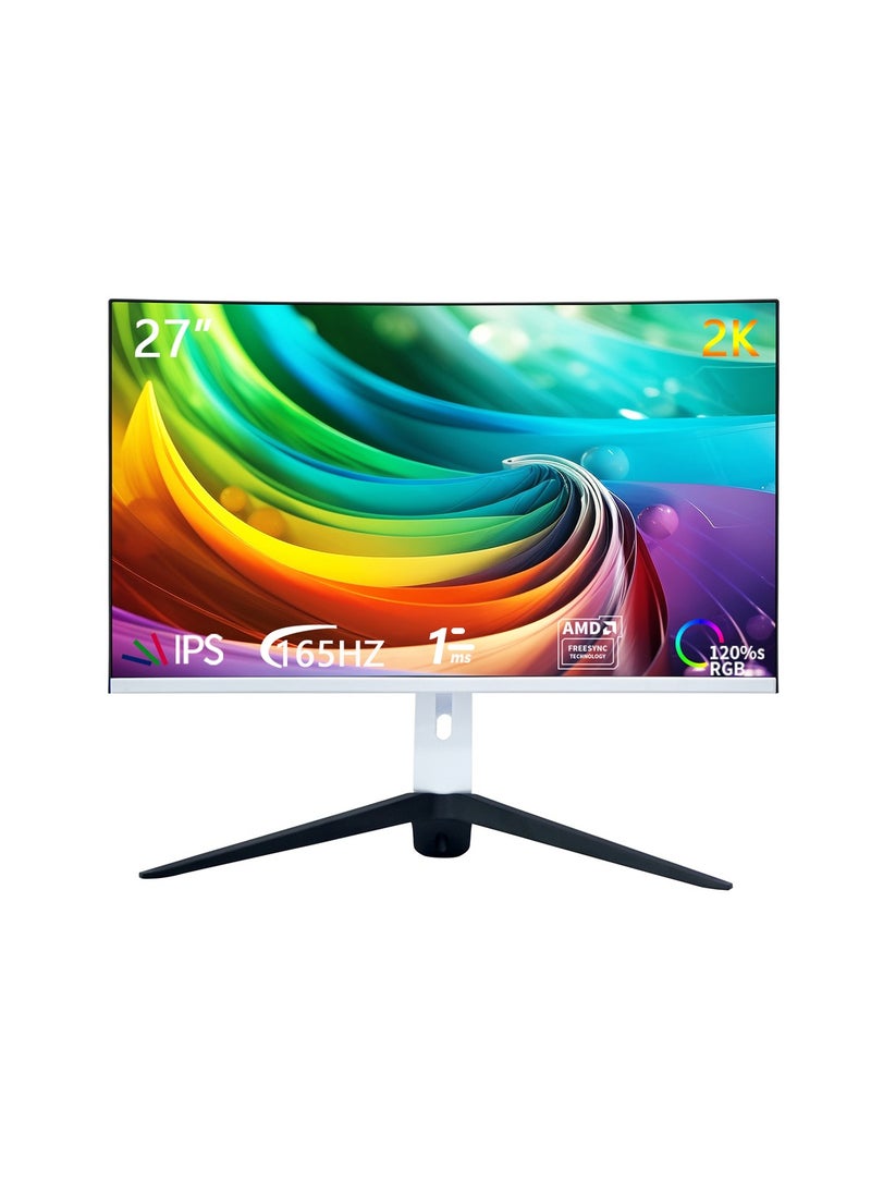 Glanfen - 27 Inch Curved Gaming Monitor 165Hz with LED Backlit,QHD 2560 ×1440(2K) Computer Monitor 16:9 Wide HDR Display 1ms Response PC Monitor (2*DP+2*HDMI+DC+Audio) White - Image 1