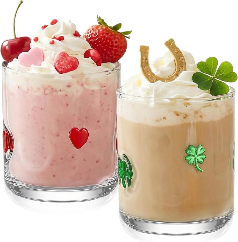 Skylety Set of 2 Valentine Icon Juice Glass 14oz Coquette Heart and Clover Glass Cup Coquette Coffee Mug Gifts for Women Girls Mothers Day Birthday Bridal Shower Gifts - Image 3