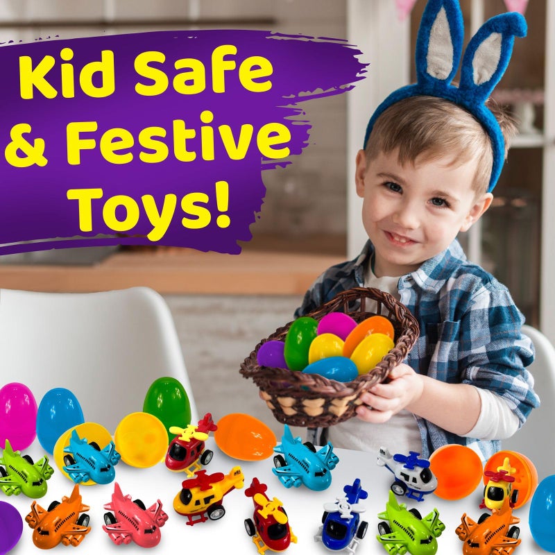 stargo 8 Pack Colorful Prefilled Easter Eggs bulk with toys - mini Aircraft, pull-back Helicopters & Airplanes. Plastic Easter Eggs Filled, Basket Fillers Egg Hunts, Party Favors, Boys Goodie Bags - Image 3