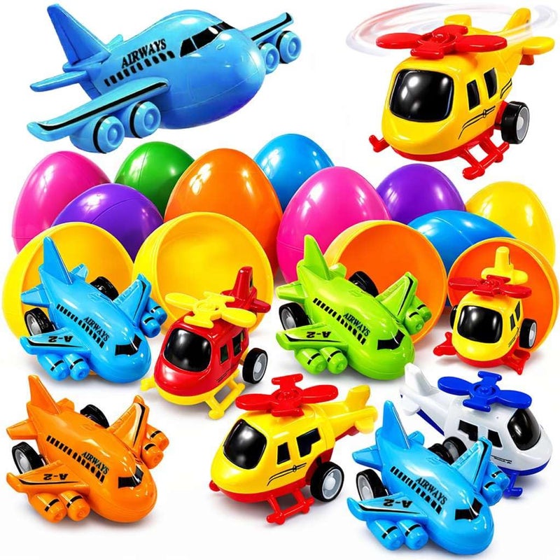 stargo 8 Pack Colorful Prefilled Easter Eggs bulk with toys - mini Aircraft, pull-back Helicopters & Airplanes. Plastic Easter Eggs Filled, Basket Fillers Egg Hunts, Party Favors, Boys Goodie Bags - Image 1