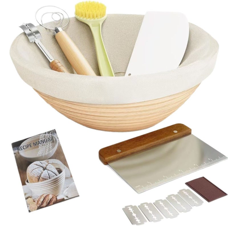 Bread Proofing Basket Set with Dough Scraper, Rolling Pin, and Pastry Mat - 13 Piece Baking Tool Kit