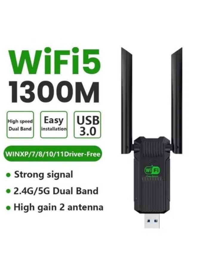 شابية محول واي فاي USB، محول شبكة لاسلكي ثنائي النطاق 5G/2.4G USB 3.0 بسرعة 1300 ميجابت في الثانية لأجهزة الكمبيوتر المكتبية والمحمولة، هوائيات مزدوجة 2dBi، يدعم أنظمة التشغيل Windows 11/10/8.1/8/7 - Image 1