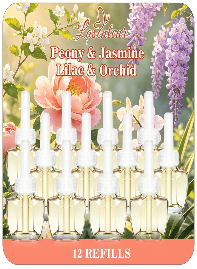عبوات معطر جو كهربائية، 12 عبوة، 7.92 أونصة سائلة، بروائح الفاوانيا والياسمين والياسمين الليلكي والأوركيد الصيفية للمنزل والحمام وغرفة النوم، متوافقة مع معطرات الجو من إير ويك وجليد، لا تشمل جليد بلس - Image 1
