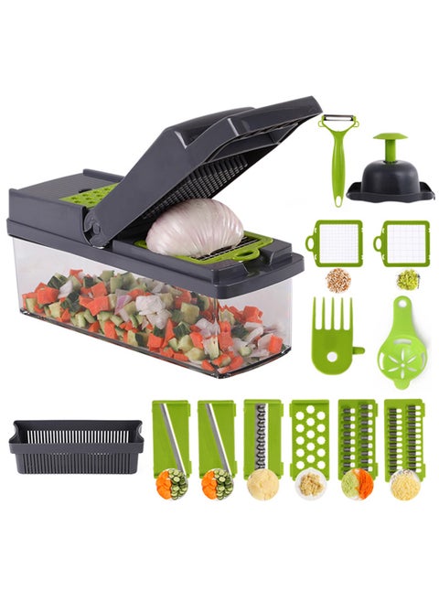 15-Piece Vegetable Cutter, Multi-functional Vegetable and  Fruit Chopper, Adjustable Slicer and Chopper with Container(Grey/Green)