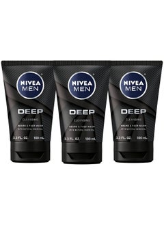 NIVEA MEN NIVEA MEN DEEP Cleansing Beard and Face Wash, Natural Charcoal Facial Cleanser Helps Remove Dirt and Excess Oils, 3 Pack of 3.3 Fl Oz Tubes  - Image 1