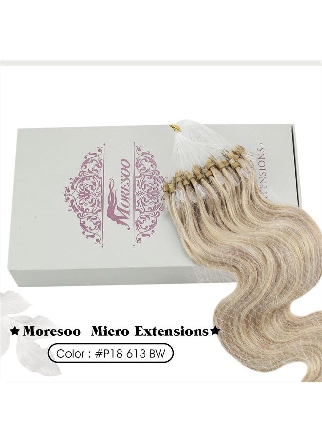 Moresoo - 24 Inch Micro Link Hair Extensions Highlight Ash Blonde #18 With Bleach Blonde Microlink Hair Extensions Human Hair Body Wave Micro Loop Hair Extensions 50S 50G 1G/S - Image 1