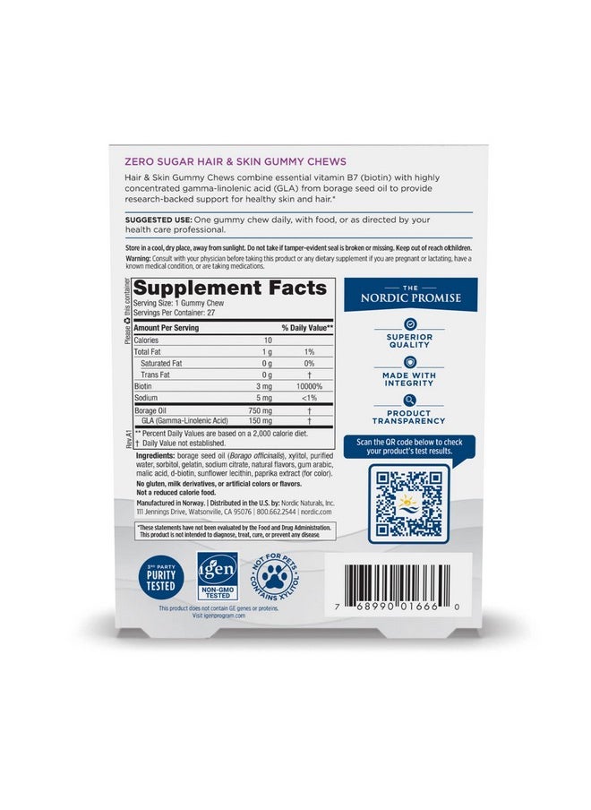 NORDIC NATURALS - Zero Sugar Hair & Skin Gummy Chews Strawberry Lemonade 27 Gummy Chews Biotin + Gla From Borage Oil Promotes Healthy Balance Of Fats In Skin Nongmo 27 Servings - Image 1