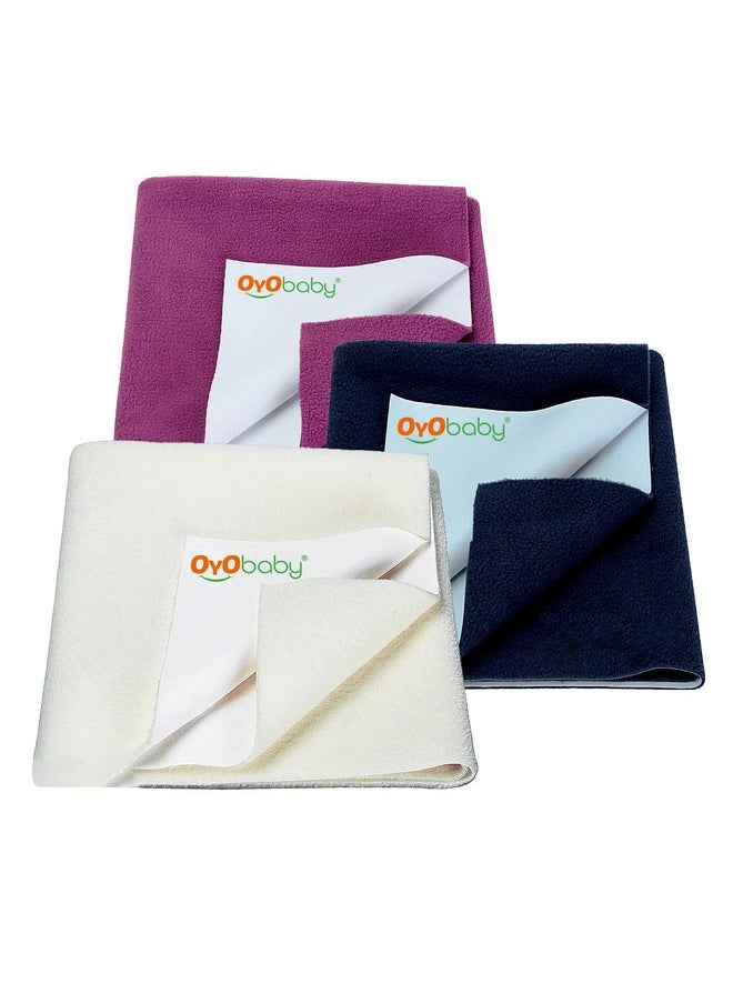 OYO BABY Anti Piling Fleece Extra Absorbent Instant Dry Sheet For Baby Baby Bed Protector Waterproof Sheet Small Size 50X70Cm Pack Of 3 Dark Sea Blue Ivory & Rani Pink  - Image 1