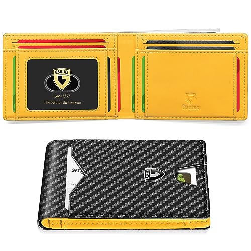 GSOIAX Mens Slim Wallet for Men Minimalist Genuine Leather Carbon Fiber Rfid Blocking Bifold Credit Card Holder With Gift Box (Yellow and Carbon Black) - Image 1