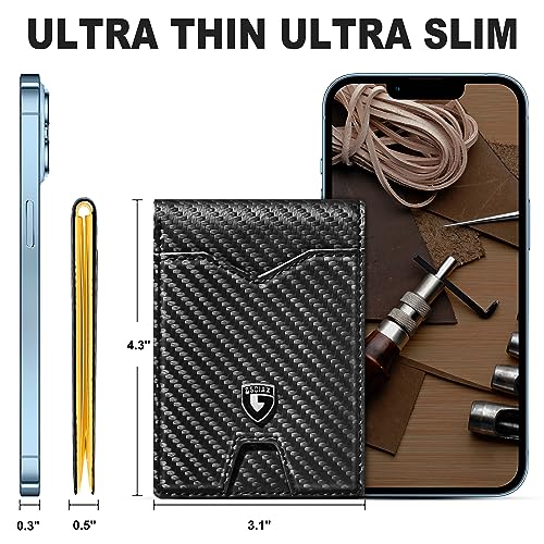 GSOIAX Mens Slim Wallet for Men Minimalist Genuine Leather Carbon Fiber Rfid Blocking Bifold Credit Card Holder With Gift Box (Yellow and Carbon Black) - Image 5