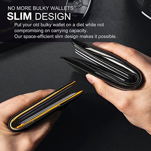 GSOIAX Mens Slim Wallet for Men Minimalist Genuine Leather Carbon Fiber Rfid Blocking Bifold Credit Card Holder With Gift Box (Yellow and Carbon Black) - Image 2