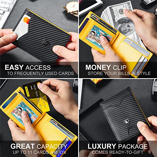 GSOIAX Mens Slim Wallet for Men Minimalist Genuine Leather Carbon Fiber Rfid Blocking Bifold Credit Card Holder With Gift Box (Yellow and Carbon Black) - Image 3