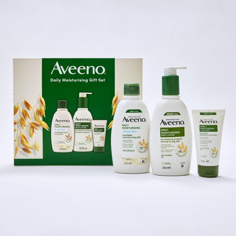 Aveeno Daily Moisturising Gift Set for Normal to Dry Skin with Soothing Oat Extract Body Wash 300ml Body Lotion 300ml Hand Cream 75ml Pack of 3