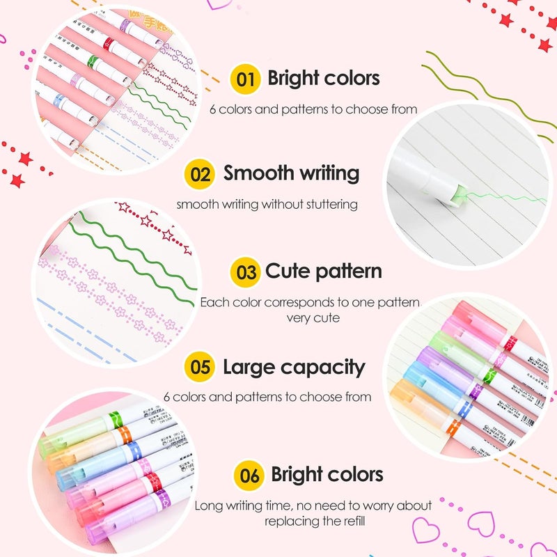 Set of 6 Curve Highlighter Pens - 6 Different Decorative Shapes & Roller Tips, Colorful Marker Pens for Journaling, Notes, and School Supplies - Image 3