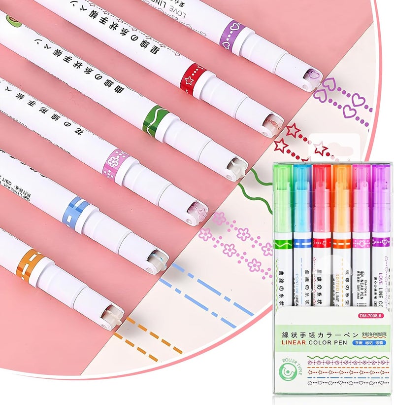Set of 6 Curve Highlighter Pens - 6 Different Decorative Shapes & Roller Tips, Colorful Marker Pens for Journaling, Notes, and School Supplies - Image 1