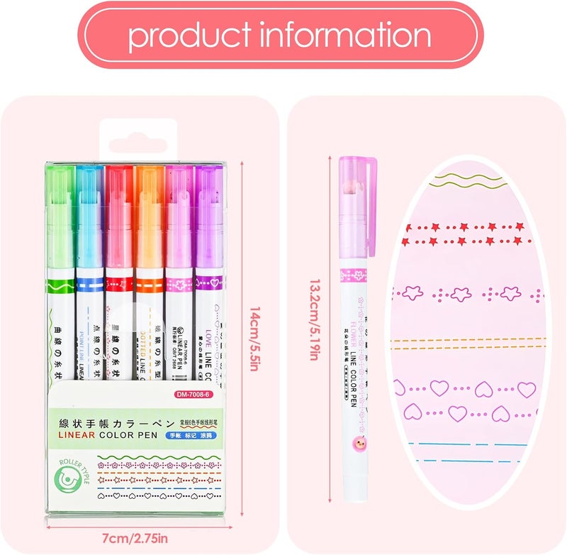 Set of 6 Curve Highlighter Pens - 6 Different Decorative Shapes & Roller Tips, Colorful Marker Pens for Journaling, Notes, and School Supplies - Image 2