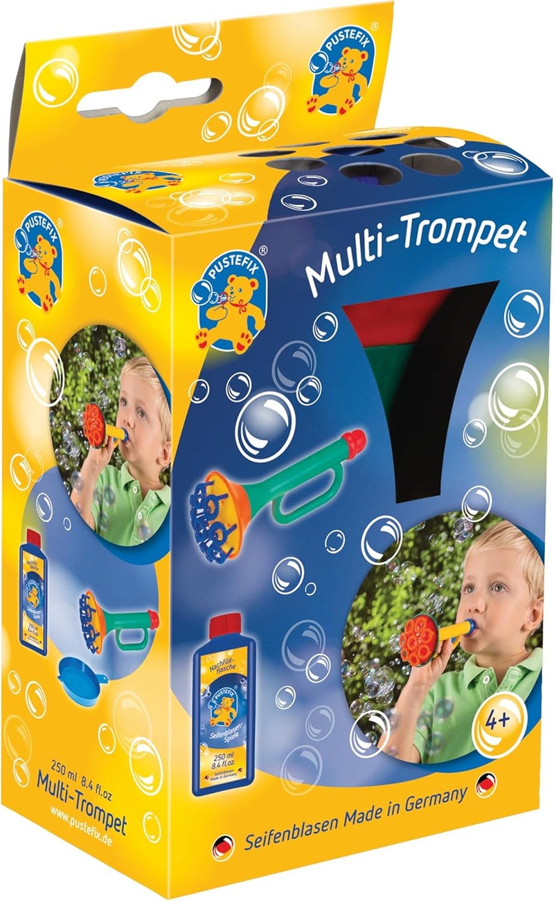 Pustefix Multi Bubble Trumpet Blowing Toy for Kids Set includes Trumpet Blower, 8.45 oz Bubbles Bottle and Liquid Tray - Image 1