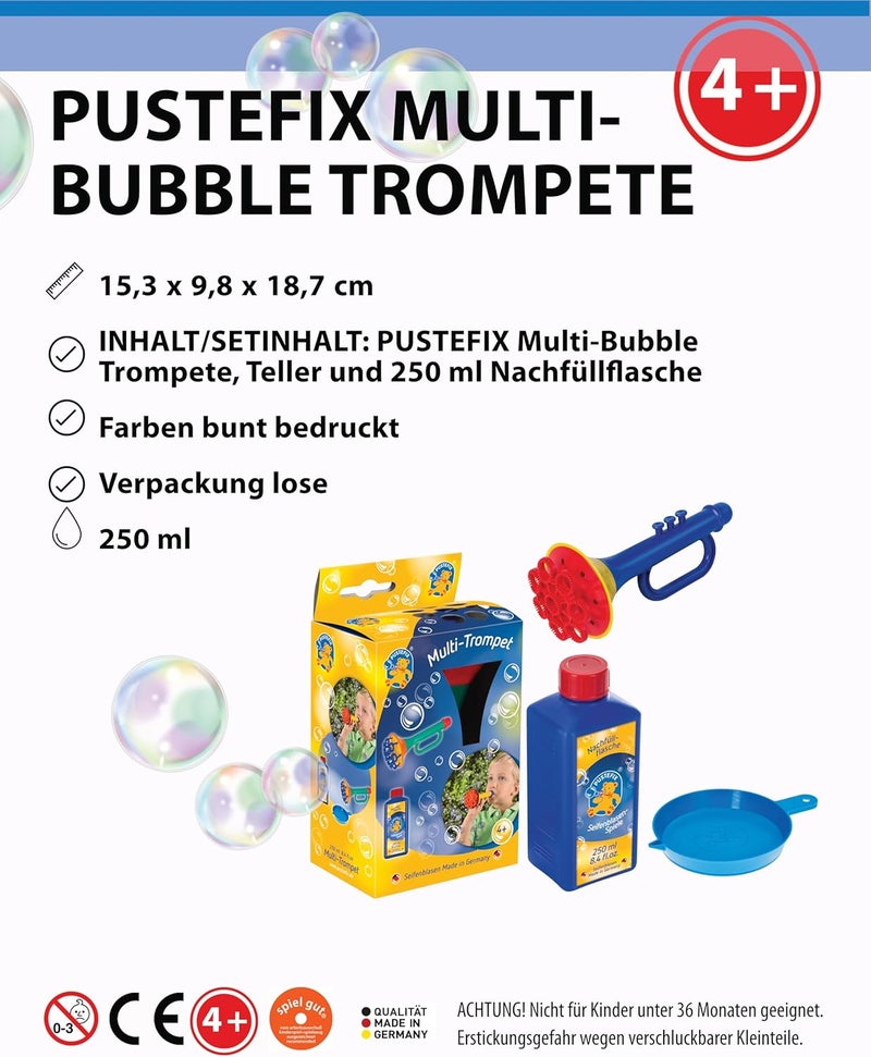 Pustefix Multi Bubble Trumpet Blowing Toy for Kids Set includes Trumpet Blower, 8.45 oz Bubbles Bottle and Liquid Tray - Image 4