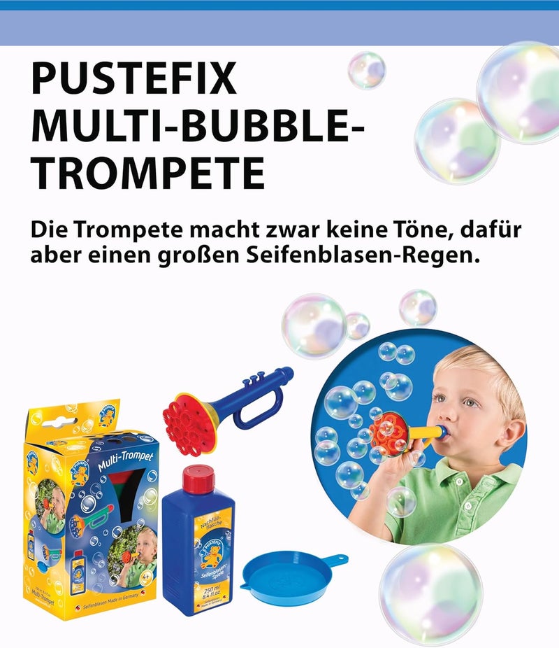 Pustefix Multi Bubble Trumpet Blowing Toy for Kids Set includes Trumpet Blower, 8.45 oz Bubbles Bottle and Liquid Tray - Image 3
