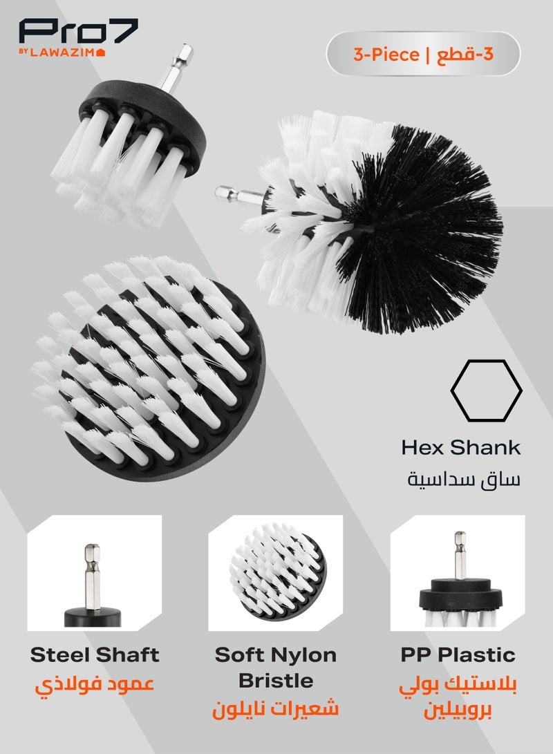 LAWAZIM Pro7 Drill Brush Set - White - Durable Nylon Bristles, Hex Shank for Quick Attachment to Power Tools - Heavy-Duty Cleaning for Bathrooms, Kitchens, Tiles, Grout, Cars, Furniture, Multi-Surface - Image 2