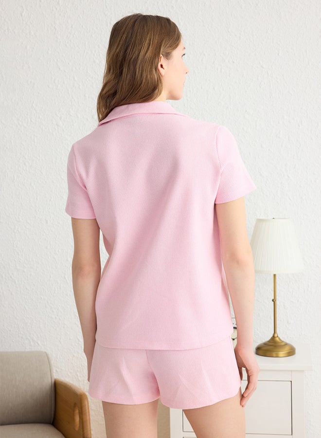 trendyol Pink Ribbon/Bow Detail Waffle Fabric Knitted Pajama Set with Shorts - Image 5