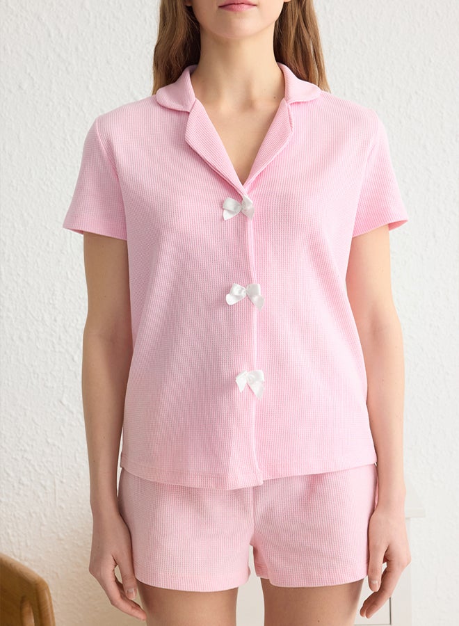 trendyol Pink Ribbon/Bow Detail Waffle Fabric Knitted Pajama Set with Shorts - Image 3