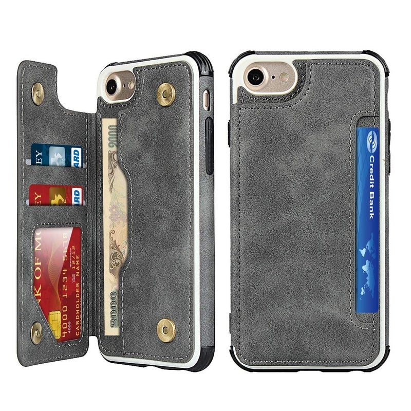 iCoverCase iPhone 66s78SE 2020SE 2022 Case Wallet Card Holder Case 4 Card Slots with Lanyard PU Leather Flip Shockproof Cover for iPhone 66s78SE 2020SE 2022  Gray
