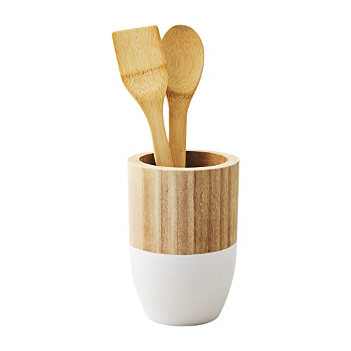 Mud Pie Paulownia Wood Utensil Holder and Utensil Set, Colorblock, holder 7.5" x 5.25" dia | utensil 12" - Image 1