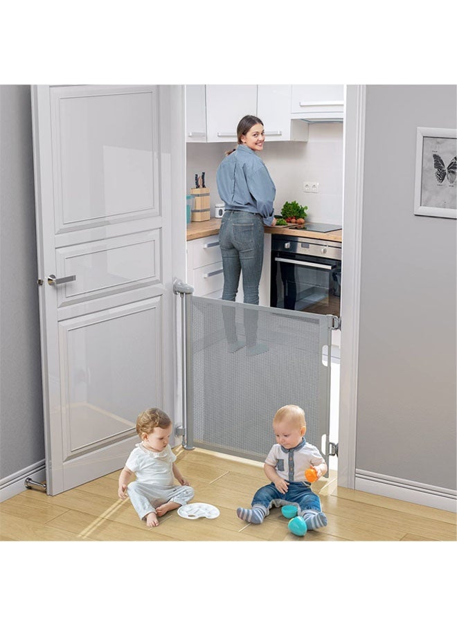 Beauenty Retractable Baby Gate, Baby Gate for Smooth Wall No Drilling, Adjustable Width and Height, Pet Gate for Doorway, Staircase, Indoor, Outdoor (Grey 59" x 34") - Image 4