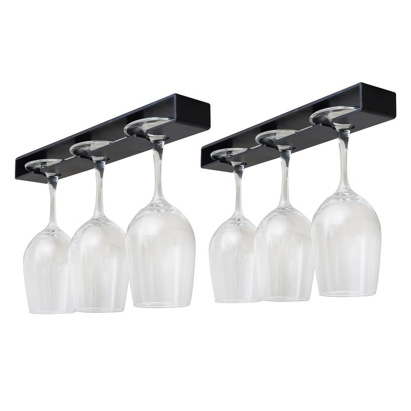 AQJUNONG 2 Pack Wine Glass Rack No Drilling Under Cabinet Stemware Rack Organizer Hanger for Bar and Kitchen Cabinet Classic Black