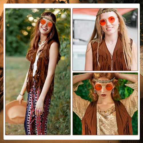 Leumoi 5 Pcs 60s 70s Costume for Women Disco Outfits Hippie Accessories Fringe Vest Boho Flared Pants Set for Halloween(Medium,Vintage) - Image 3