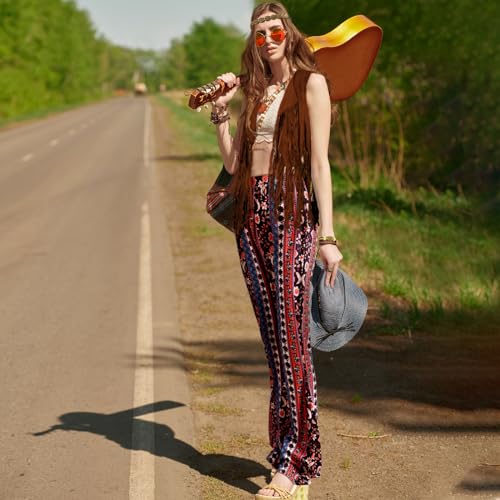 Leumoi 5 Pcs 60s 70s Costume for Women Disco Outfits Hippie Accessories Fringe Vest Boho Flared Pants Set for Halloween(Medium,Vintage) - Image 2