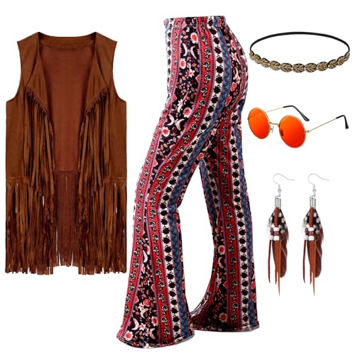 Leumoi 5 Pcs 60s 70s Costume for Women Disco Outfits Hippie Accessories Fringe Vest Boho Flared Pants Set for Halloween(Medium,Vintage) - Image 1
