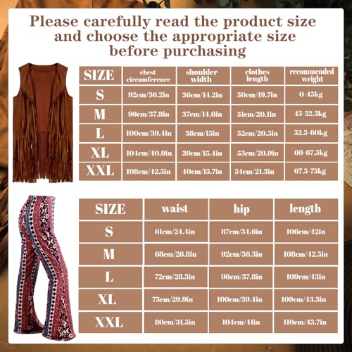 Leumoi 5 Pcs 60s 70s Costume for Women Disco Outfits Hippie Accessories Fringe Vest Boho Flared Pants Set for Halloween(Medium,Vintage) - Image 4