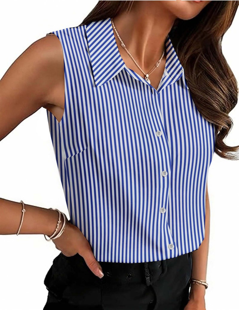 HOTOUCH Womens Sleeveless Button Down Shirts Formal Blouses for Women Blue White Stripe - Image 1