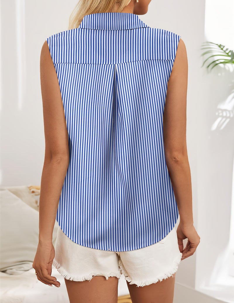 HOTOUCH Womens Sleeveless Button Down Shirts Formal Blouses for Women Blue White Stripe - Image 2