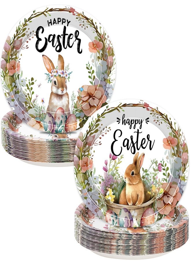 QZYL 50 PCS Easter Paper Plates, Bunny Rabbit Easter Oval Paper Plates, Happy Disposable Plates Party Plates Bunny Egg Flowers Tableware Easter Table Decorations Easter Party Supplies - Image 1