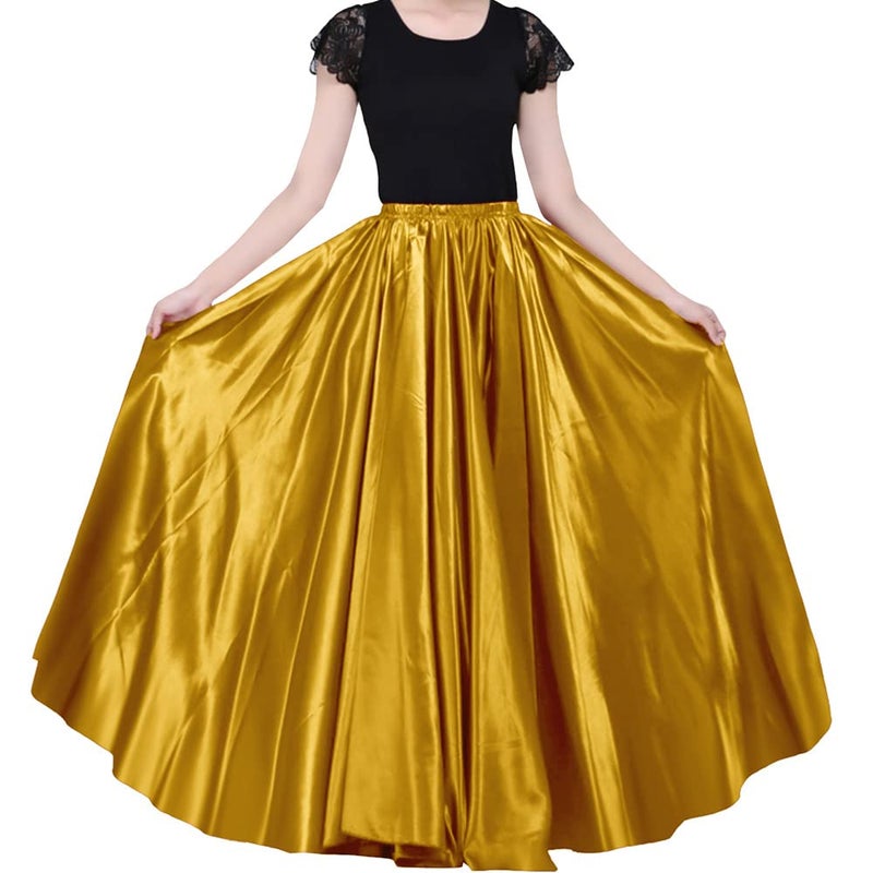 Ladies 90cm Satin Maxi Midi Skirt Long Dress Elastic Waist for Belly Dance Princess Party Cosplay Costume deep Gold