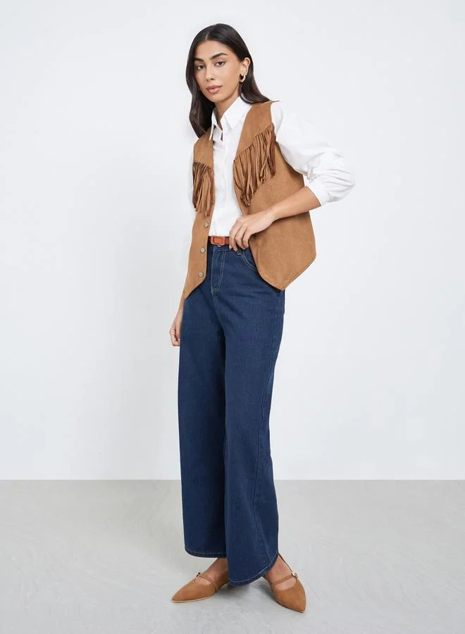 Styli Tan Suede Look Fringe Vest