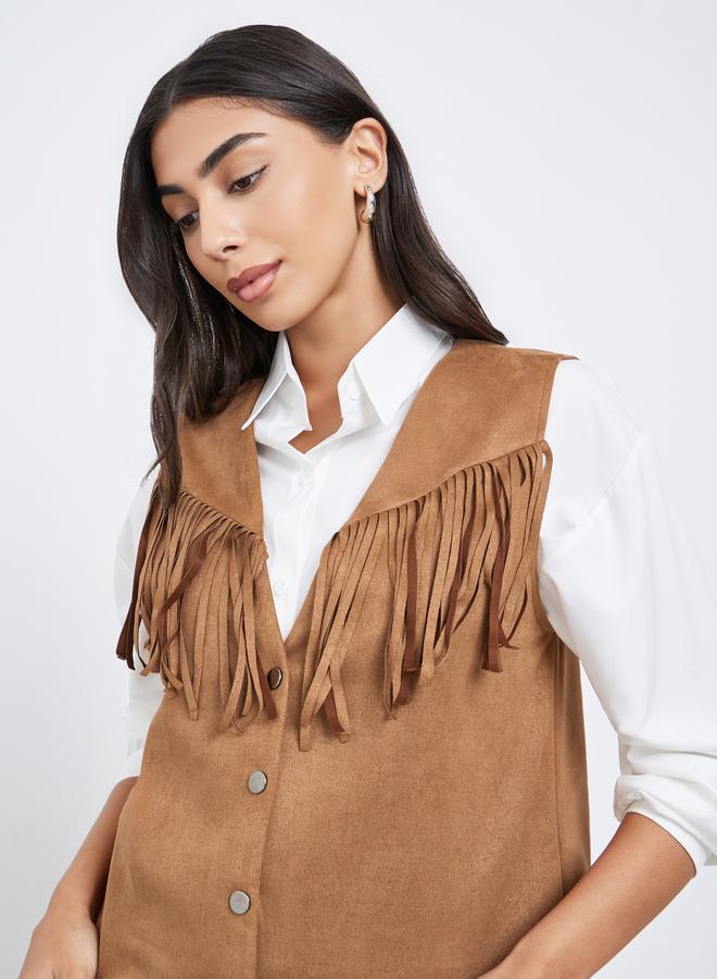 Styli Tan Suede Look Fringe Vest - Image 4