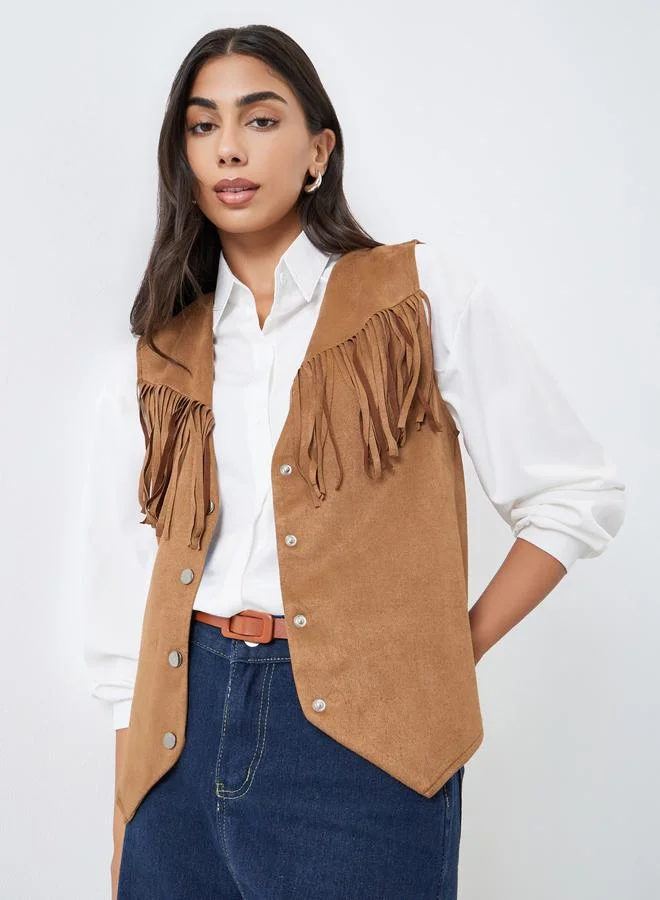 Styli Tan Suede Look Fringe Vest